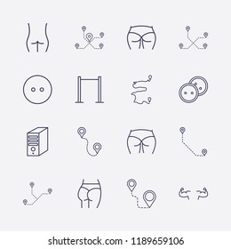 Outline 16 back icon set. pc case, dress button, ass figure, bodybuilder, pull up, figure ass and distance vector illustration
