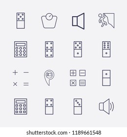 Outline 16 balance icon set. domino, calculator, weight scale, rock climber, sound and location cash withdrawal vector illustration