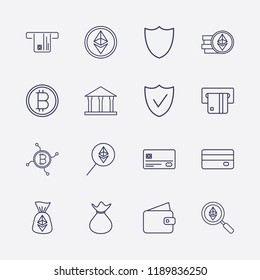 Outline 16 banking icon set. bank, ethereum search, bitcoin, wallet, check, ethereum coin, money bag, credit , cash withdrawal, ethereum bag, card withdrawal and network bitcoin vector illustration