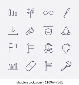 Outline 16 blue icon set. lollipop, pill, infinity, flashlight, globe, signal, download, flag, award, hand blende, chart, yogurt and drop vector illustration