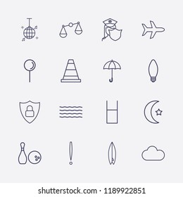 Outline 16 blue icon set. water glasses, shield lock, surfing board, exclamation, police, umbrella, airplane, disco ball, islam moon, wave, cloud, location, bowling and balance vector illustration