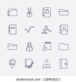 Outline 16 book icon set. businessman organized, phone , square root, pencil, gavel, reading a book, library location, hand with , folder and notebook vector illustration