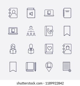Outline 16 book icon set. library location, add document, pencil, reading , favorite ,  sound and online book reading vector illustration