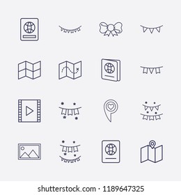 Outline 16 border icon set. map, foreign passport, ribbon, film strip, love location, garlands, garland and picture vector illustration