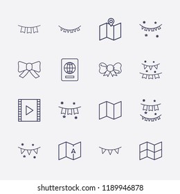 Outline 16 border icon set. map, foreign passport, film strip, ribbon, garlands, garland and bow vector illustration