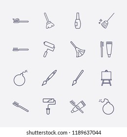 Outline 16 brush icon set. paint roller, painting board, broom, nail brush, toothbrush and toothpaste, paint brush, bomb and toothbrush vector illustration
