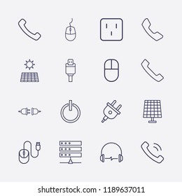 Outline 16 cable icon set. solar battery, usb plug, mouse, outlet, headphone, power, handset, plug and server vector illustration