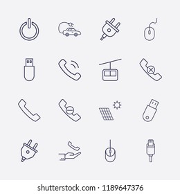 Outline 16 cable icon set. power, funicular, electric car, handset remove, solar battery, handset, mouse, usb, hand with handset, plug and usb plug vector illustration
