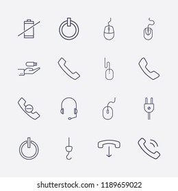 Outline 16 cable icon set. handset down, towing hook, handset, headphone, no battery, hand in usb, handset remove, power, plug and mouse vector illustration