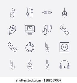 Outline 16 cable icon set. mouse, crane hook, power, socket, monitor with media player, plug, headphone, handset remove and usb vector illustration