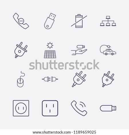 Outline 16 cable icon set. mouse, hand in usb, outlet, lan network, socket, no battery, solar battery, plug, handset remove, handset, electric car and usb vector illustration