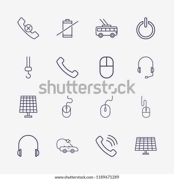 Outline 16 cable icon set.\
mouse, solar battery, crane hook, trolleybus, handset remove,\
handset, headphone, no battery, electric car and power vector\
illustration