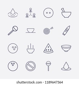 Outline 16 Circle Icon Set. Bowl, Prohibition, Bowling Ball, Lollipop, Dress Button, Teamwork, Target, Watermelon, Drop And Bullet Vector Illustration