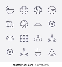 Outline 16 Circle Icon Set. Bullet, Bowl, Speed Shifter, Prohibition, Drop, Donut, Dish, Teamwork, Bowling Ball, Dress Button, Aim And Plate Vector Illustration