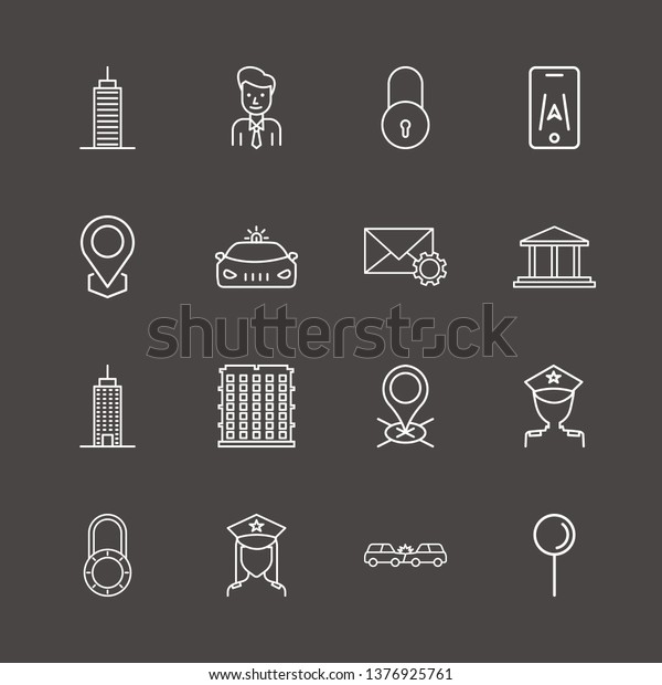 Outline 16 city icon set. bank, car crash,\
police and police car vector\
illustration