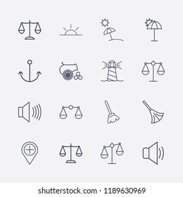 Outline 16 coast icon set. sunset, cannon, anchor, beach, add location, balance, umbrella beach, broom, lighthouse and sound vector illustration