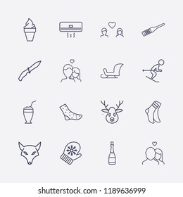 Outline 16 cold icon set. lovers, digital thermometer, sock, fox, cocktail, winter glove, ice cream, sleigh, champagne bottle, skiing, soldier knife, air conditioning and deer vector illustration
