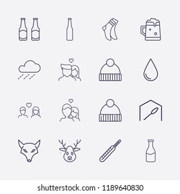 Outline 16 cold icon set. deer, medicine thermometer, raining, winter hat, fox, sperm bank, milk bottle, sock, drop, beer, beer bottle and lovers vector illustration