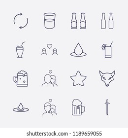 Outline 16 cold icon set. lovers, drop, cocktail, water glasses, refresh, star, sword, beer bottle, beer and fox vector illustration