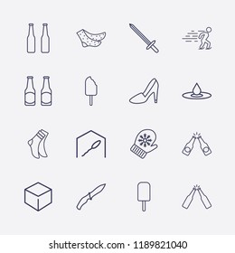 Outline 16 cold icon set. sperm bank, cube, winter glove, steep heel, ice cream, sword, beer bottle toast, ice skating, sock, drop, soldier knife and beer bottle vector illustration