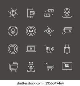 Outline 16 commerce icon set. ethereum coin, bitcoin, shopping cart and smartphone payment vector illustration