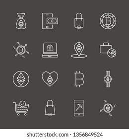 Outline 16 commerce icon set. online shopping, check shopping cart, network bitcoin and bitcoin vector illustration