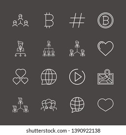 Outline 16 community icon set. teamwork, play, heart and organization vector illustration