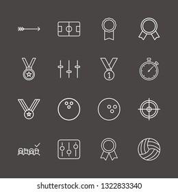 Outline 16 competition icon set. bow arrow, volleyball ball, selected and bowling ball vector illustration