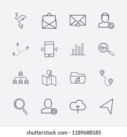 Outline 16 connection icon set. user folder, message, analytics, distance, search airplane, organization, music folder, cloud upload, map location and smartphone vibration vector illustration