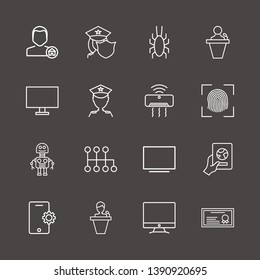 Outline 16 control icon set. robot, bug, finger scanner and certificate vector illustration