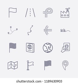Outline 16 country icon set. home location, map, foreign passport, foreign passport with hand, road, earth, distance, quad, flag, eco factory and distance map vector illustration