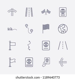 Outline 16 country icon set. quad, earth, foreign passport with hand, foreign passport, flag, distance map, road and distance vector illustration