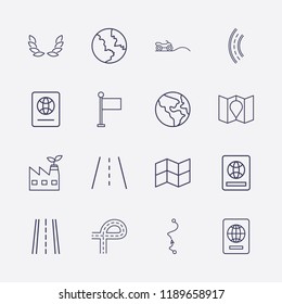 Outline 16 country icon set. eco factory, wheat, quad, distance map, flag, map, foreign passport, road and earth vector illustration