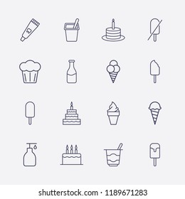 Outline 16 cream icon set. yogurt, birthday cake, ice cream, forbidden ice cream, toothpaste tube, cake, milk bottle and liquid soap vector illustration