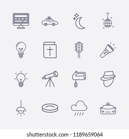 Outline 16 dark icon set. traffic light, chandelier, moon, flashlight, detective, hand mixer, raining, monitor, disco ball, lamp, plate, telescope, bible and police car vector illustration