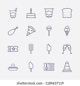 Outline 16 delicious icon set. bread, cone, champagne menu, birthday cake, ice cream, movie ticket, hot dog, toast, lollipop, pizza, chicken leg and yogurt vector illustration