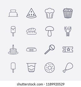 Outline 16 delicious icon set. cake, chicken leg, movie ticket, lollipop, watermelon, donut, ice cream, dog food bowl, mushroom, popcorn, toster, bread, yogurt and lobster vector illustration