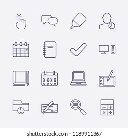 Outline 16 desk icon set. book and pencil, information folder, calculator, calendar, chat, search list, draw tablet, check, pc, notebook, user clock and laptop vector illustration