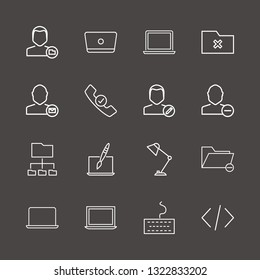 Outline 16 desktop icon set. handset check, remove user, desktop lamp and laptop vector illustration
