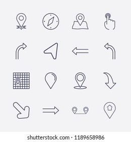 Outline 16 direction icon set. turn left arrow, distance map, location arrow, map location, turn right arrow, arrow, location home, compass, finger click and location vector illustration