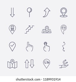 Outline 16 direction icon set. train location, finger click, hand with magnet, arrow, stairs up, location, map location and car location vector illustration