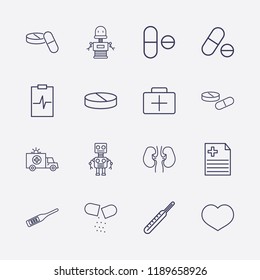 Outline 16 doctor icon set. medicine thermometer, medicine briefcase, robot, ambulance, digital thermometer, pill, heart, medicine document, kidney and medicine clipboard vector illustration