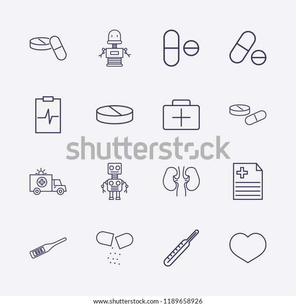 Outline 16 doctor icon set. medicine\
thermometer, medicine briefcase, robot, ambulance, digital\
thermometer, pill, heart, medicine document, kidney and medicine\
clipboard vector\
illustration