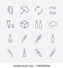 Outline 16 drop icon set. pipette, raining, refresh, umbrella, champagne bottle, cube, broken pipe, beer bottle and blood bag vector illustration
