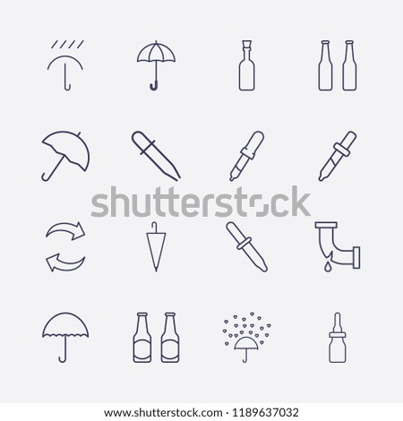 Outline 16 drop icon set. pipette, beer bottle, pipette bottle, broken pipe, champagne bottle, refresh, love rain and umbrella vector illustration