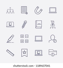 Outline 16 education icon set. organization, book, ruler, laptop, pencil, magnet, information folder, add document, bookmark, user clock, online book reading, marker and calculator vector illustration