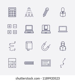 Outline 16 education icon set. pencil, magnet, distance, calculator, book, laptop, distance map, reading a book, certificate and online book reading vector illustration