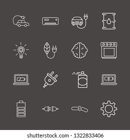 Outline 16 energy icon set. battery, electric car, stove and lamp with gear vector illustration