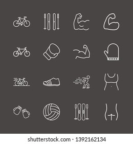 Outline 16 exercise icon set. ice skating, glove, figure ass and fit woman body vector illustration