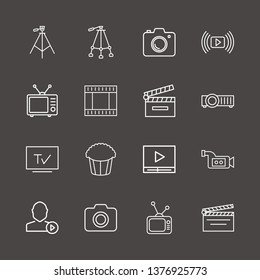Outline 16 film icon set. media player, film strip, user mediaplayer and popcorn vector illustration